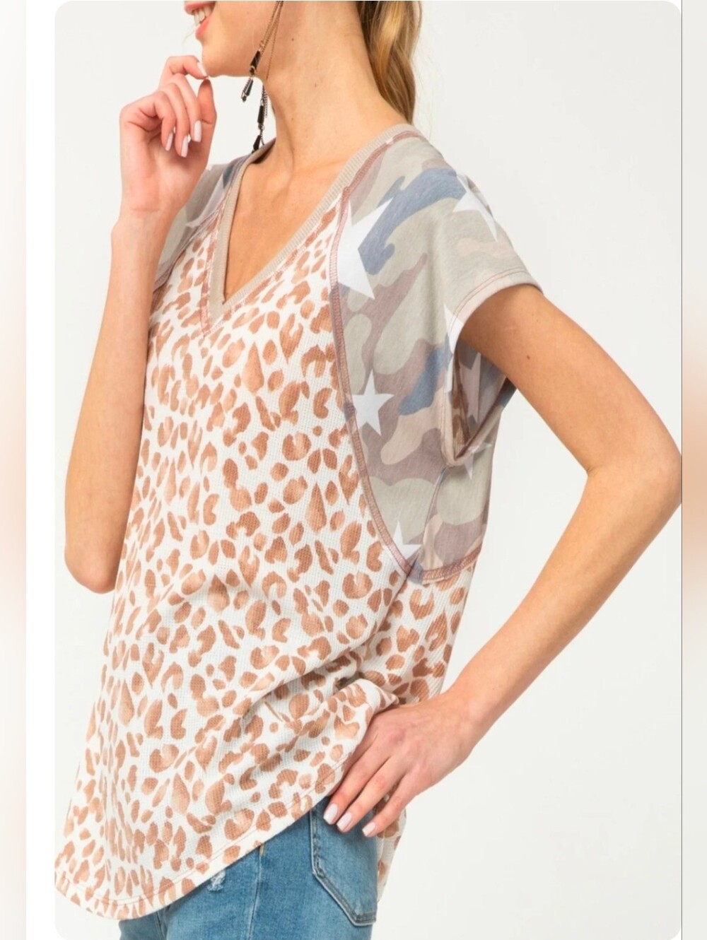 Entro Plus Size 2X Camo Leopard Star Print V Neck Boho Festival Beach